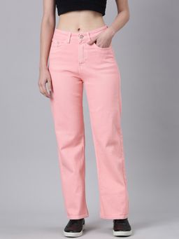 SHOWOFF - Women Clean Look Mid-Rise Pink Straight Fit Denim Jeans