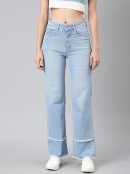 SHOWOFF - Women Clean Look Mid-Rise Blue Straight Fit Denim Jeans