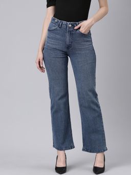 SHOWOFFFF - Women Clean Look Mid-Rise Navy Blue Straight Fit Denim Jeans