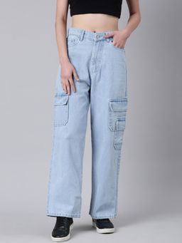 SHOWOFF - Women Clean Look Mid-Rise Blue Wide Leg Denim Cargo Jeans