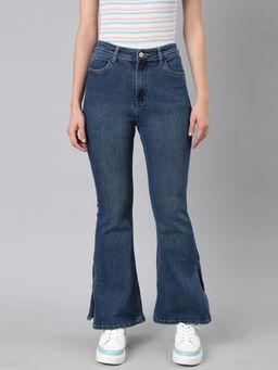 SHOWOFF - Women Clean Look Mid-Rise Navy Blue Boot Cut Denim Jeans