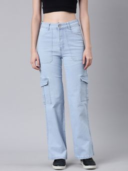 SHOWOFF - Women Clean Look Mid-Rise Sky Blue Straight Fit Denim Cargo Jeans