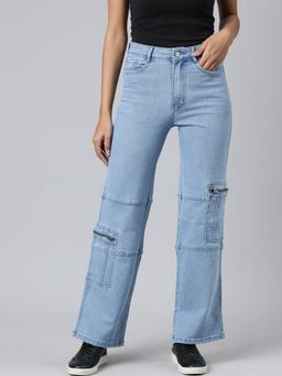 SHOWOFF - Women Clean Look Mid-Rise Blue Straight Fit Denim Cargo Jeans