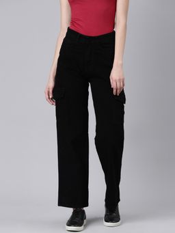 SHOWOFFFF - Women Clean Look Mid-Rise Black Wide Leg Denim Cargo Jeans