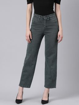SHOWOFFFF - Women Clean Look Mid-Rise Olive Straight Fit Denim Jeans