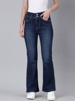 SHOWOFF - Women Clean Look Mid-Rise Navy Blue Flared Denim Jeans