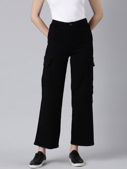 SHOWOFF - Women Clean Look Mid-Rise Black Wide Leg Denim Cargo Jeans