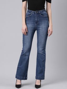 SHOWOFFFF - Women Clean Look Mid-Rise Navy Blue Flared Denim Jeans