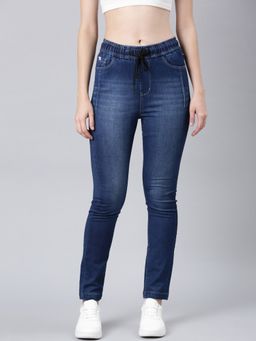 SHOWOFFFF - Women Clean Look Mid-Rise Navy Blue Jogger Denim Jeans