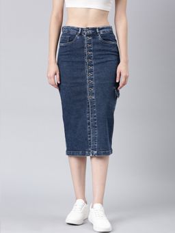 SHOWOFFFF - Women Solid Midi Denim Straight Pencil Navy Blue Skirt