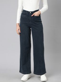 SHOWOFFFF - Women Clean Look Mid-Rise Navy Blue Wide Leg Denim Jeans