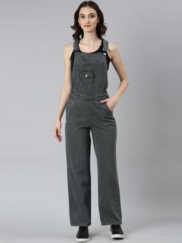 SHOWOFFFF - Women Denim Straight Leg Solid Olive Overalls Dungaree