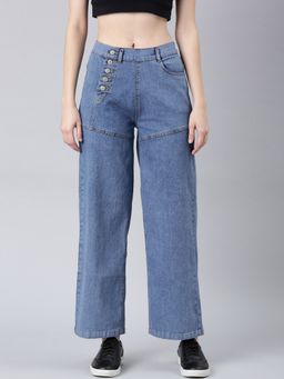 SHOWOFF - Women Clean Look Mid-Rise Blue Wide Leg Denim Jeans