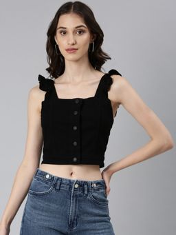 SHOWOFFFF - Women Solid Shoulder Straps Black Bralette Crop Top