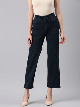 SHOWOFFFF - Women Clean Look Mid-Rise Navy Blue Straight Fit Denim Jeans