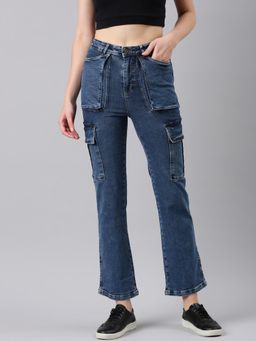 SHOWOFF - Women Clean Look Mid-Rise Blue Straight Fit Denim Cargo Jeans