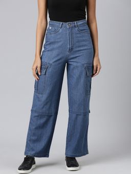 SHOWOFF - Women Clean Look Mid-Rise Blue Denim Cargo Jeans