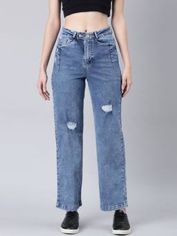 SHOWOFFFF - Women Low Distressed Mid-Rise Blue Denim Jeans