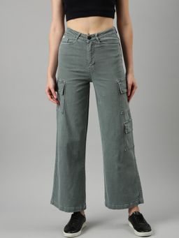 SHOWOFF - Women Clean Look Mid-Rise Olive Wide Leg Denim Cargo Jeans