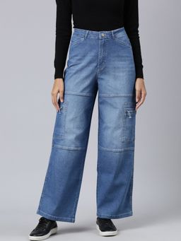 SHOWOFF - Women Clean Look Mid-Rise Blue Wide Leg Denim Cargo Jeans