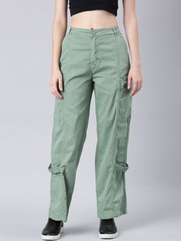 SHOWOFF - Women Clean Look Mid-Rise Green Wide Leg Denim Cargo Jeans