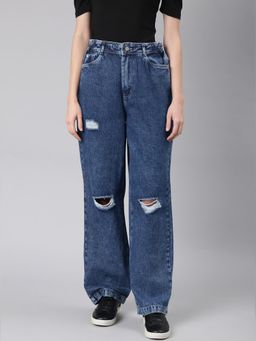 SHOWOFFFF - Women Slash Knee Mid-Rise Blue Wide Leg Denim Jeans