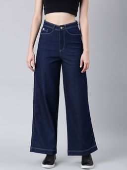 SHOWOFFFF - Women Clean Look Mid-Rise Navy Blue Wide Leg Denim Jeans