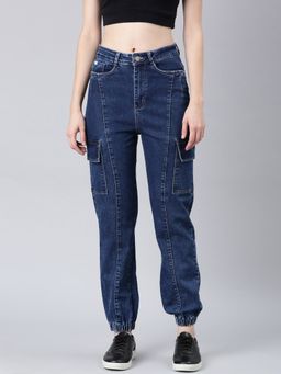 SHOWOFFFF - Women Clean Look Mid-Rise Navy Blue Denim Cargo Jeans