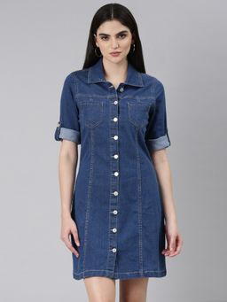 SHOWOFF - Women Shirt Collar Short Sleeves A-Line Solid Blue Mini Dress