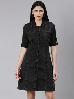 SHOWOFF - Women Shirt Collar Short Sleeves A-Line Solid Grey Mini Dress