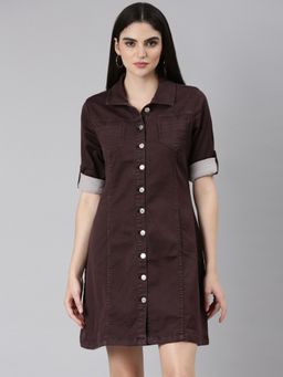 SHOWOFF - Women Shirt Collar Short Sleeves A-Line Solid Coffee Brown Mini Dress