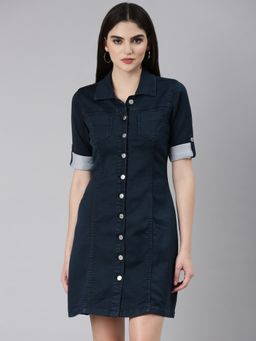 SHOWOFF - Women Shirt Collar Short Sleeves A-Line Solid Navy Blue Mini Dress