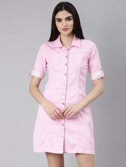 SHOWOFF - Women Shirt Collar Short Sleeves A-Line Solid Pink Mini Dress