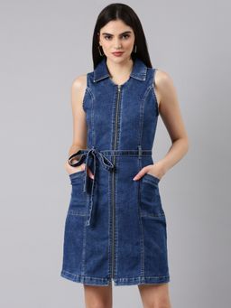 SHOWOFF - Women Shirt Collar Sleeveless A-Line Solid Navy Blue Dress (Set of 2)