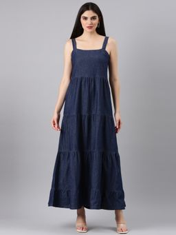 SHOWOFF - Women Shoulder Straps Sleeveless Fit And Flare Solid Navy Blue Maxi Dress