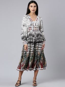 SHOWOFF - Women V-Neck Long Sleeves Fit And Flare Abstract Multi Color Midi Dress