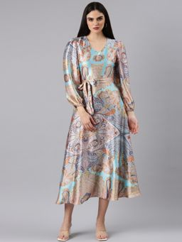SHOWOFF - Women V-Neck Puff Sleeves Bohemian Blue Midi Dress (Set of 2)
