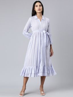 SHOWOFF - Shirt Collar Three Fourth Sleeves Fit And Flare Striped Blue Midi Dress (Set of 2)