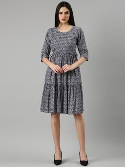 SHOWOFF - Women Round Neck Three Fourth Sleeves Tribal Black And White Knee Length Dress