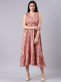 SHOWOFF - Women V-Neck Sleeveless Fit Bohemian Pink Midi Dress