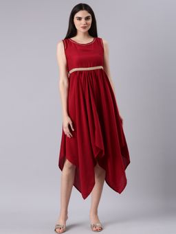 SHOWOFF - Women Round Neck Sleeveless Solid Maroon Midi Dress (Set of 2)