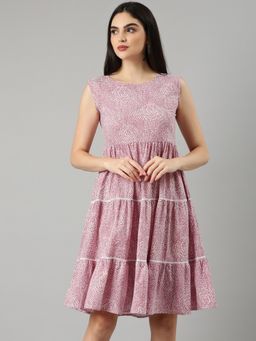 SHOWOFF - Women Round Neck Sleeveless Empire Bohemian Pink Above Knee Dress