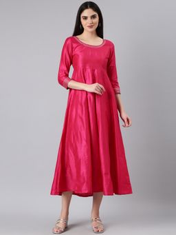 SHOWOFF - Women Round Neck Three Fourth Sleeves Empire Solid Pink Midi Dress