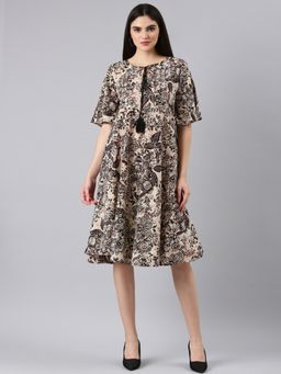 SHOWOFF - Women Tie-Up Neck Short Sleeves A-Line Floral Beige Knee Length Dress