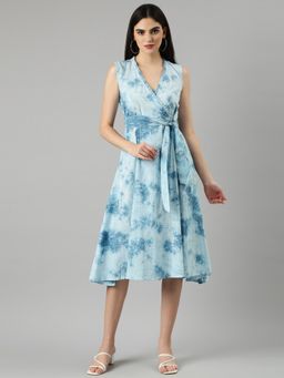 SHOWOFF - Women V-Neck Sleeveless Wrap Tie & Dye Blue Midi Dress