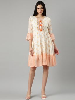 SHOWOFF - Women Round Neck Bell Sleeves Ethnic Motifs Off White Above Knee Dress