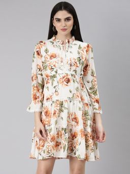 SHOWOFF - Women Ruffled Neck Floral Off White Above Knee Dress
