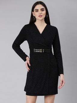 SHOWOFF - Women V-Neck Long Sleeves Wrap Embellished Black Above Knee Dress (Set of 2)