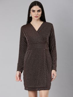 SHOWOFF - Women V-Neck Long Sleeves Wrap Embellished Brown Above Knee Dress