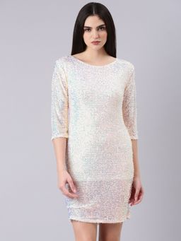 SHOWOFF - Round Neck Three Fourth Sleeves Bodycon Embellished Multi Color Mini Dress